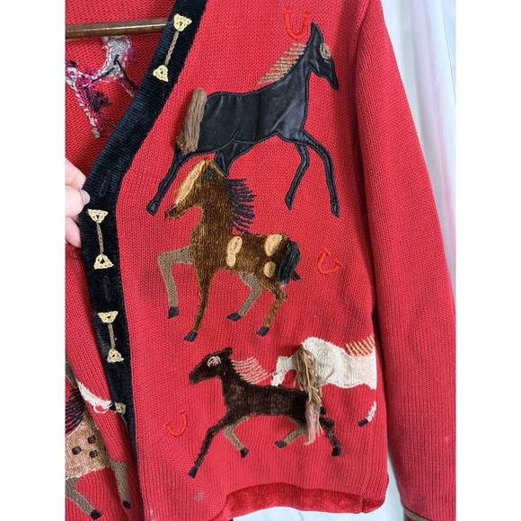 VTG Berek By Takako Sakon Red Equestrian Long Sleeve Horse Cardigan FLAWS Sz L - Picture 6 of 16